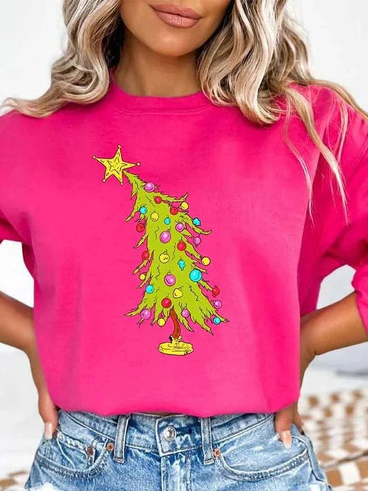 Women's Crew Neck Christmas Tree Print Sweatshirt