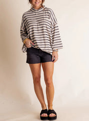 Women's Oversized High Neck Urban Ribbed Striped Top