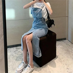 Retro Slim Slit Design Suspenders Skirt