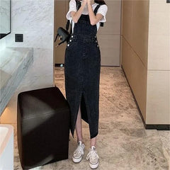 Retro Slim Slit Design Suspenders Skirt