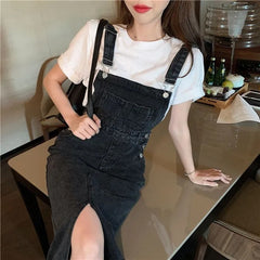 Retro Slim Slit Design Suspenders Skirt