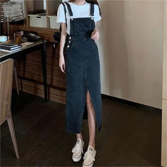 Retro Slim Slit Design Suspenders Skirt