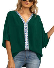 Summer New Women's Bat Sleeve V-neck T-shirt