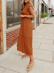 Women's Summer Casual Flutter Short Sleeve Smocked Midi Dress