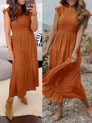 Women's Summer Casual Flutter Short Sleeve Smocked Midi Dress