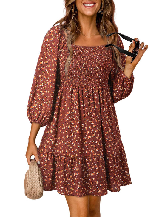 Women's Square Neck Long Sleeve Smocked Boho Floral Dress