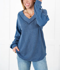 Women's Ribbed Long Sleeve V-Neck Pullover Tops