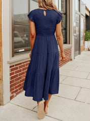 Women's Summer Casual Flutter Short Sleeve Smocked Midi Dress