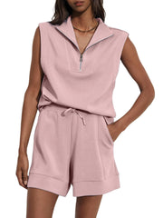 Women's Summer Half Zip Sleeveless Two-Piece Shorts Set