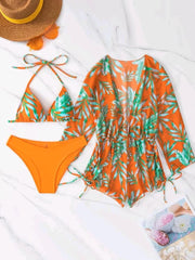Geometric Print Halter Bikini Swimsuit & Cover Up 3 Piece Set