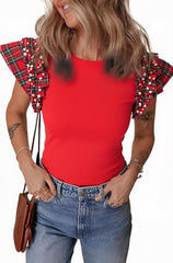 Women's Plaid Ruffle Short Sleeve Pearl Tops