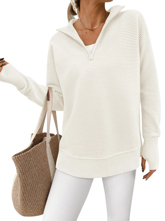 Women's Half Zip Oversized Ribbed Knit Pullover Sweater (Buy 2 Free Shipping )