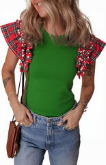 Women's Plaid Ruffle Short Sleeve Pearl Tops