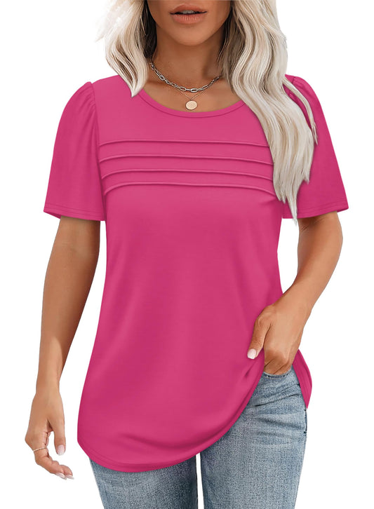 Women's Short Sleeve Pleated Front Scooped Neck T-shirts