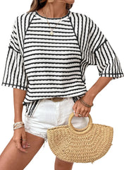 Women Stripe Textured Knit Split Hem Top