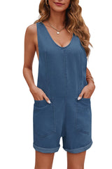 Women's Casual Adjustable Denim One-piece Shorts with Pockets