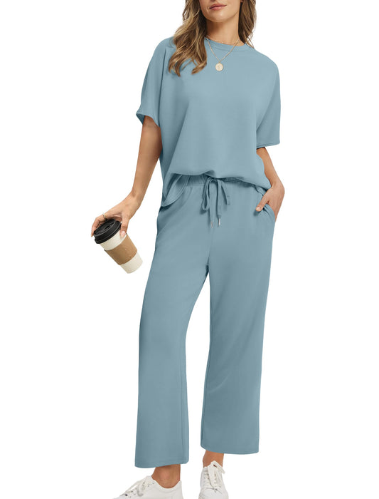 Women Oversized T-shirt and Wide Leg Crop Pants 2 Piece Sets