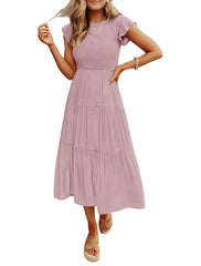 Women's Summer Casual Flutter Short Sleeve Smocked Midi Dress