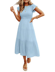 Women's Summer Casual Flutter Short Sleeve Smocked Midi Dress
