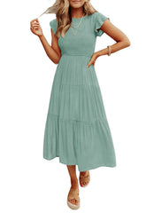 Women's Summer Casual Flutter Short Sleeve Smocked Midi Dress