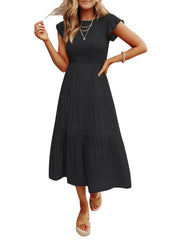Women's Summer Casual Flutter Short Sleeve Smocked Midi Dress