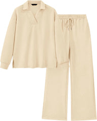 Women's Lapel V Neck Textured Lounge Sets