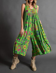 Vintage Floral Print Loose Sleeveless Jumpsuit