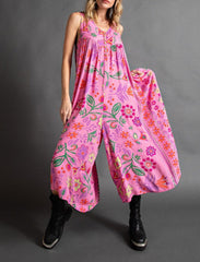 Vintage Floral Print Loose Sleeveless Jumpsuit