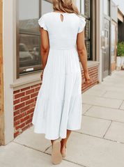 Women's Summer Casual Flutter Short Sleeve Smocked Midi Dress