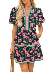 Women's V Neck Floral Dress Short Puff Sleeve Boho Dresses