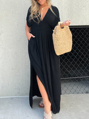 V-neck Dress With Slit And Gathered Waist