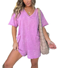 Women's Casual Mineral Washed Tee Romper with Pockets