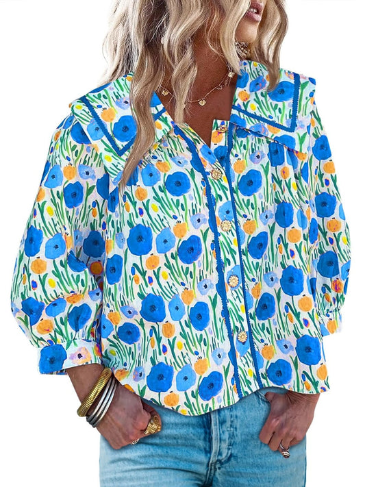 Women's Vibrant Floral Print Long Sleeve Collar Blouse