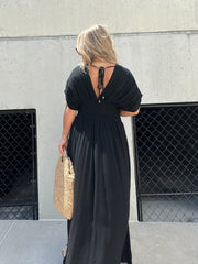 V-neck Dress With Slit And Gathered Waist