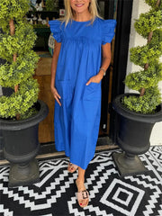 Women's Flutter Sleeve Pocket Midi Shift Dress