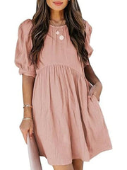 Women's Round Neck Puff Sleeve Baby Doll Dress