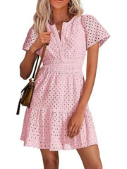 Women's V Neck Smocked Waist Eyelet Dress