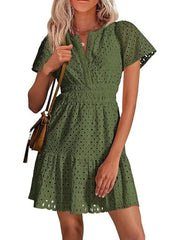 Women's V Neck Smocked Waist Eyelet Dress