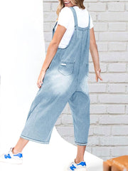 Women's Loose Fit Adjustable Strap Distressed Denim Bib Overalls