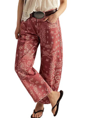 Women's Mid-rise Floral Print Cropped Loose Wide-leg Jeans