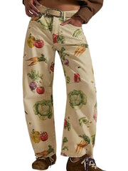 Women's Mid-rise Floral Print Cropped Loose Wide-leg Jeans