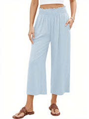 Women's High Waisted Wide Leg Linen Elastic Smock Waist Capri Pants
