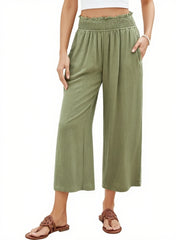 Women's High Waisted Wide Leg Linen Elastic Smock Waist Capri Pants