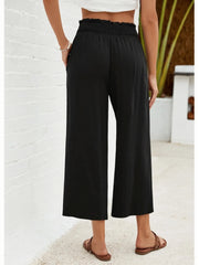 Women's High Waisted Wide Leg Linen Elastic Smock Waist Capri Pants
