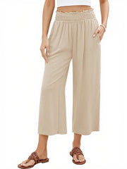 Women's High Waisted Wide Leg Linen Elastic Smock Waist Capri Pants