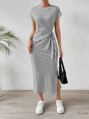 Women's Waist Slim Striped Slit Maxi Dress