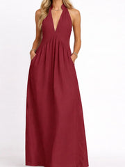 Women's Halter Neck Deep V Maxi Dress with Pockets