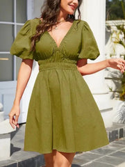 Women's V-Neck Elastic Waist Flowy Dress