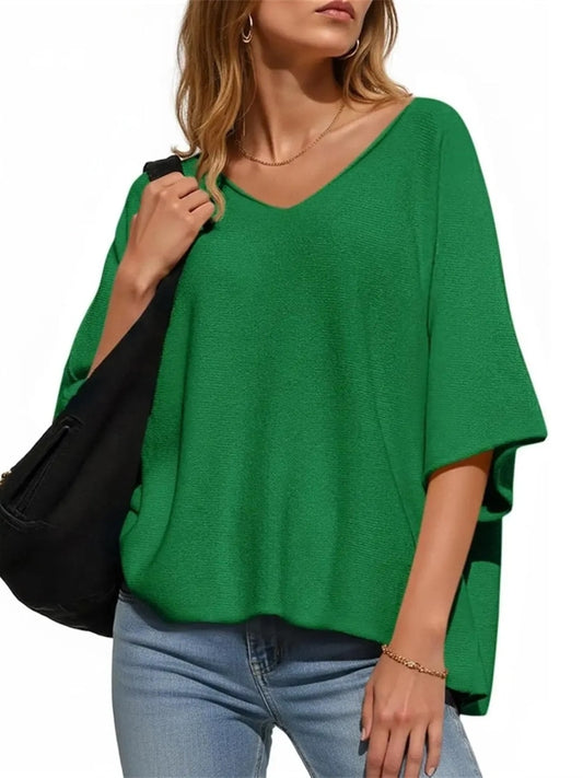 Women's Oversized Half Sleeve Batwing V Neck Casual Knit Tops