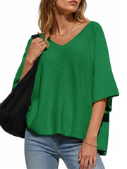 Women's Oversized Half Sleeve Batwing V Neck Casual Knit Tops